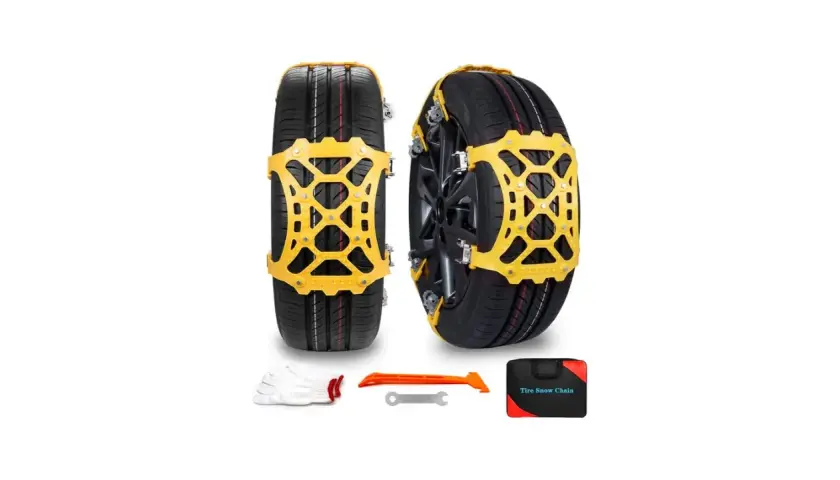 Dos neumáticos con cadenas amarillas, guantes blancos, herramienta naranja y llave. Muestra diferentes tipos de cadenas para nieve.