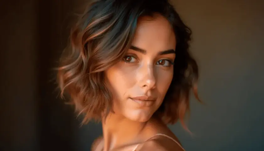 Mujer con cabello castaño con mechas balayage miel, ondas suaves y mirada cautivadora.
