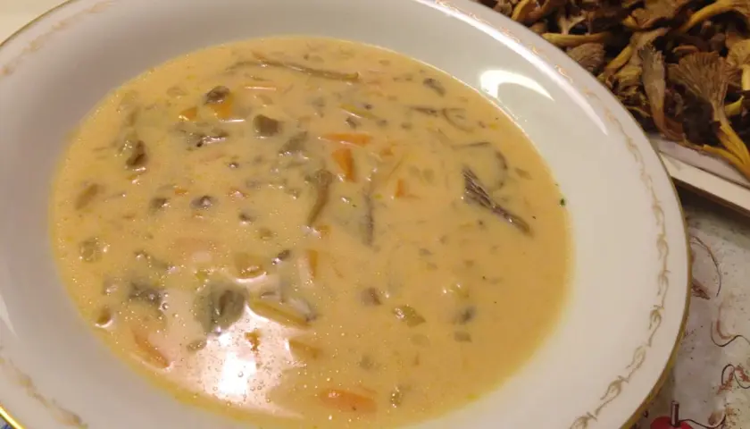Krämig trattkantarellsoppa, perfekt för ett mysigt trattkantarellsoppa recept. Serveras i en elegant skål med torkad svamp i bakgrunden.