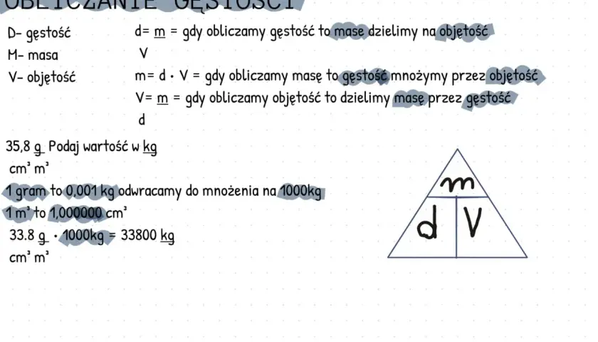 Wzór na gęstość: d=m/V. Obliczenia masy i objętości. Konwersja jednostek.