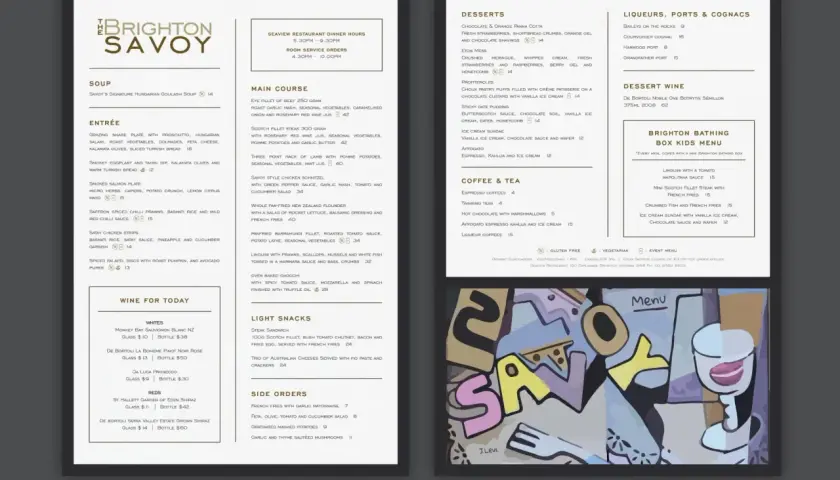 Une idée de présentation de menu pour le Brighton Savoy, avec des plats alléchants comme le Scotch Fillet et le Goulash.