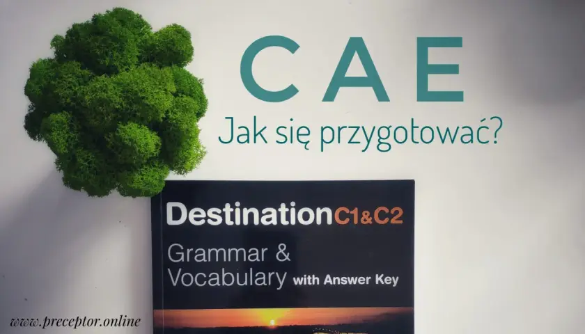 Zielona kępa mchu obok książki "Destination C1&C2 Grammar & Vocabulary" i napisu "CAE Jak się przygotować?". Idealne materiały do przygotowania do CAE.