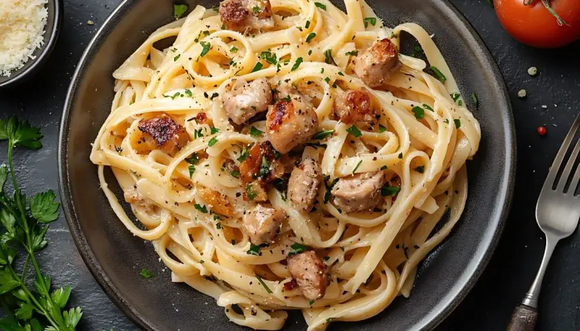 Szybki obiad z makaronem fettuccine, kawałkami kurczaka i posypką z ziół. Idealny na szybki posiłek.