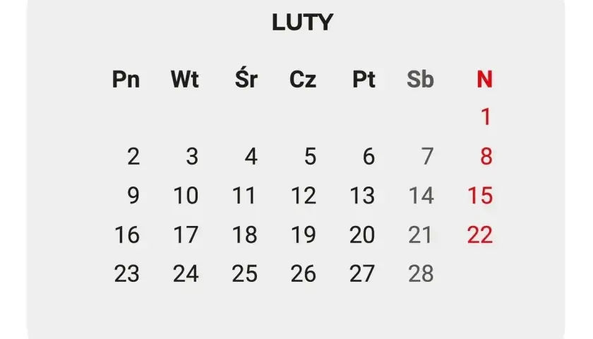 Kalendarz na luty. Ile godzin pracy w miesiącu? Zaznaczone dni wolne: 1, 8, 15, 22.
