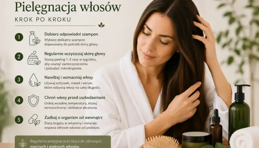 Kobieta dba o włosy, stosując się do wskazówek: dobór szamponu, oczyszczanie skóry głowy, nawilżanie, ochrona i dieta. Klucz do zdrowych włosów.