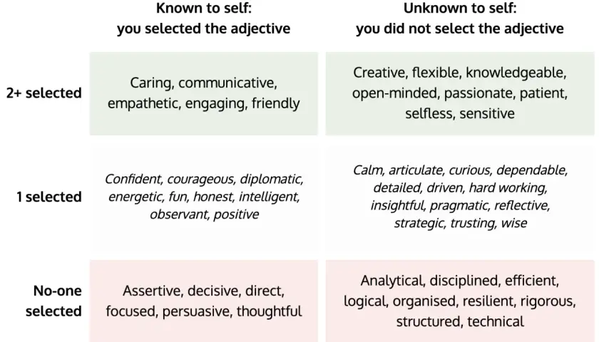 Johari window example showing traits known to self vs. unknown, and selected by others vs. not.