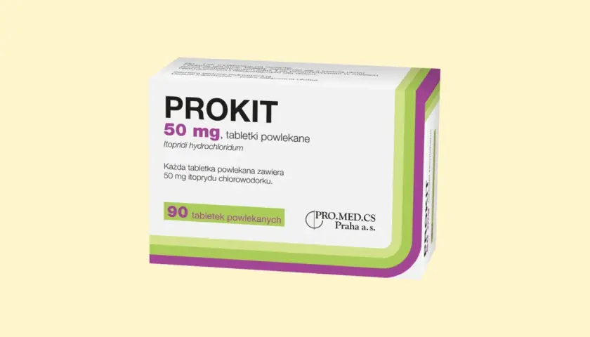 Prokit 50 mg, tabletki powlekane. Lek na problemy żołądkowe, zawiera itoprydu chlorowodorek. Opakowanie 90 tabletek.
