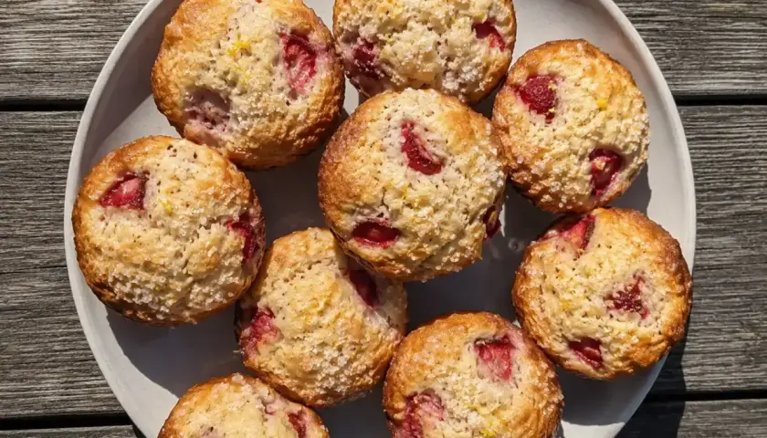 En tallrik med fluffiga muffins med jordgubbar, toppade med socker och citronskal. Perfekt för fika!