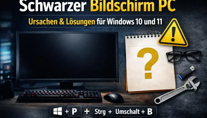 Schwarzer Bildschirm PC: Ursachen & Lösungen für Windows 10/11. Ein schwarzes Bild mit Computer, Tastatur, Maus, Notizbuch mit Fragezeichen und Werkzeug.