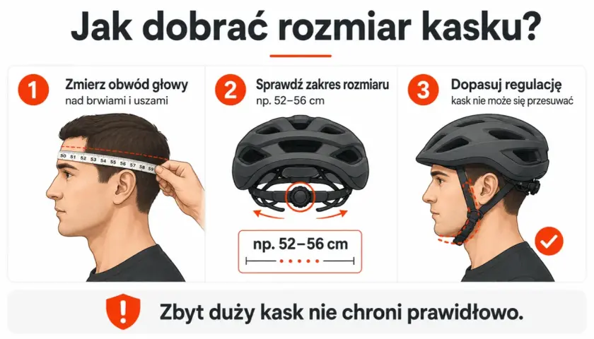 Jak dobrać rozmiary kasków rowerowych: zmierz obwód głowy, sprawdź zakres rozmiaru kasku (np. 52-56 cm) i dopasuj regulację. Zbyt duży kask nie chroni.