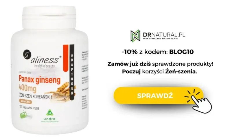 Opakowanie suplementu diety Aliness Panax ginseng 400mg. Poczuj korzyści żeń-szenia. -10% z kodem BLOG10.