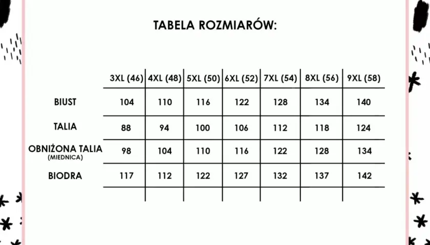 Tabela rozmiarów odzieży plus size: biust, talia, obniżona talia, biodra. Rozmiary od 3XL (46) do 9XL (58).