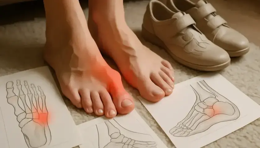 Ból kostki po bieganiu? Czerwone plamy na stopie i rysunki anatomiczne sugerują problem.