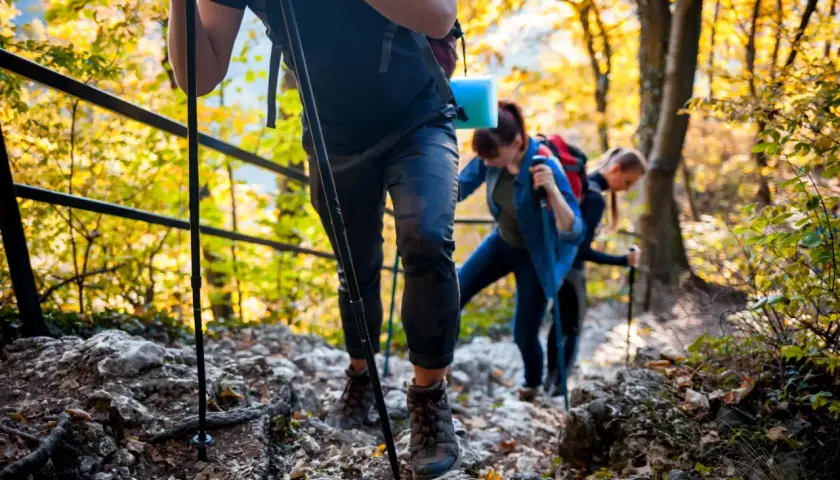 Trzy osoby wędrują jesiennym szlakiem w Polsce, ciesząc się tanim wypadem na weekend.