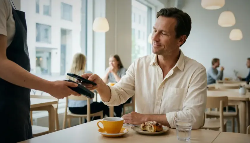 Mężczyzna płaci telefonem za kawę i bułeczkę w kawiarni. W Finlandii obowiązuje euro, więc płatność jest bezproblemowa.