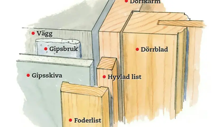 Detaljerad illustration av hur man limmar gipsskivor mot vägg och dörrkarm. Visar gipsbruk, foderlist och dörrblad.