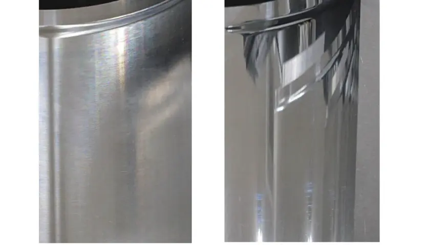 Porównanie powierzchni: po lewej matowe aluminium, po prawej efekt polerowania aluminium, ukazujący lustrzany połysk.