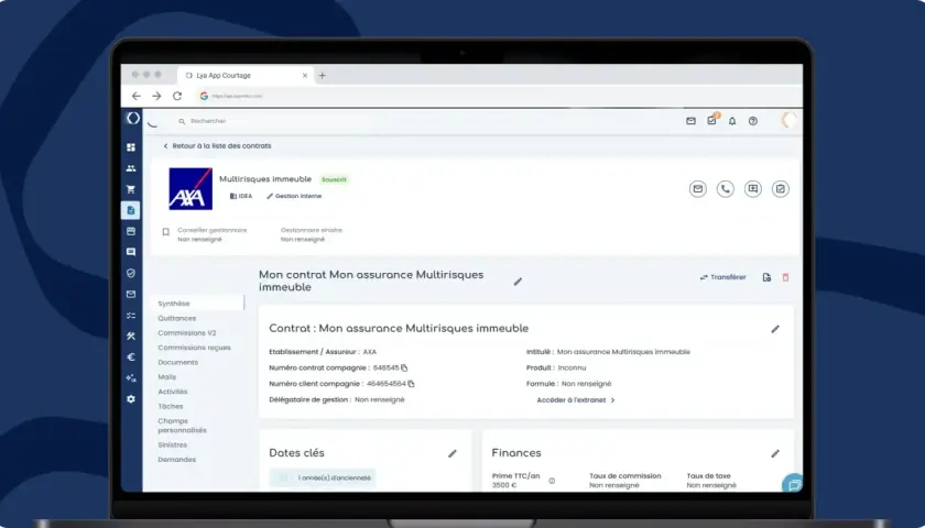 Interface d'une application de courtage en assurance, affichant les détails d'un contrat multirisques immeuble AXA. Gestion des sinistres et des finances pour une meilleure expérience ged assurance.