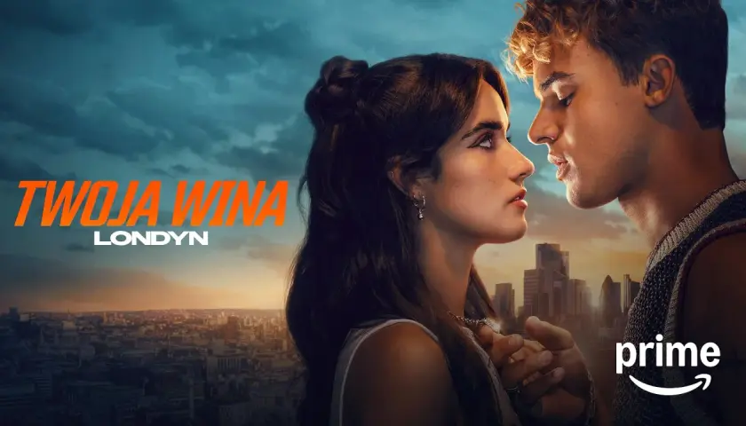 Plakat filmu "Twoja wina" z młodą parą na tle Londynu.