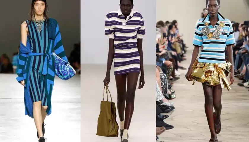 Comment être à la mode : trois mannequins arborent des tenues rayées, des robes aux cardigans, en passant par des jupes audacieuses.