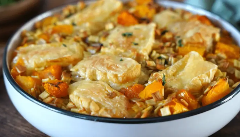 Gratin de crozet aux dés de courge et reblochon fondant, un plat savoyard réconfortant.