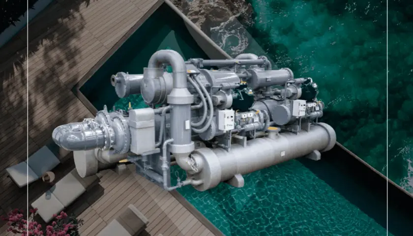 Un potente chiller industrial, con su compleja red de tuberías y compresores, se asoma sobre una piscina de aguas cristalinas, evocando frescura y eficiencia.