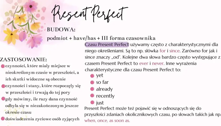 Wyjaśnienie budowy i zastosowania czasu teraźniejszego angielskiego (Present Perfect) z przykładami słów kluczowych: for, since, ever, never, yet, so far, already, recently, just.