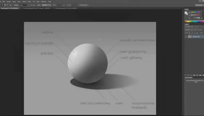 Symulacja światła i cienia na kuli w programie 3d photoshop, z oznaczeniami: refleks, centrum światła, pół-ton, światło ambientowe, cień graniczny, cień główny, cień szczelinowy, cień rozproszona krawędź.