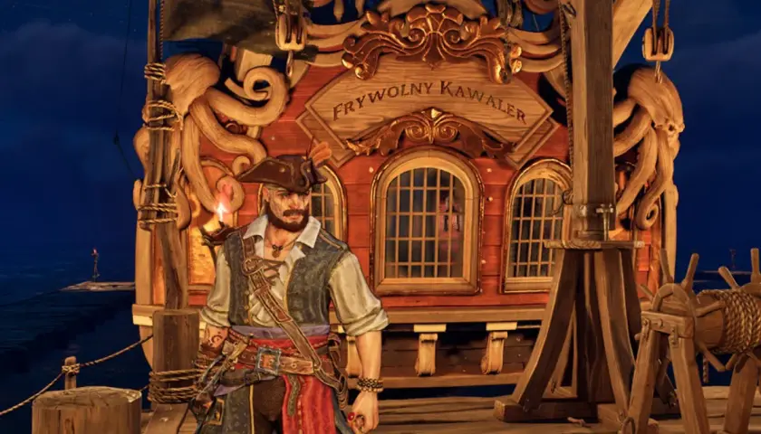 Piracki kapitan na tle statku "Frywolny Kawaler". Wspaniała grafika z gier o piratach.
