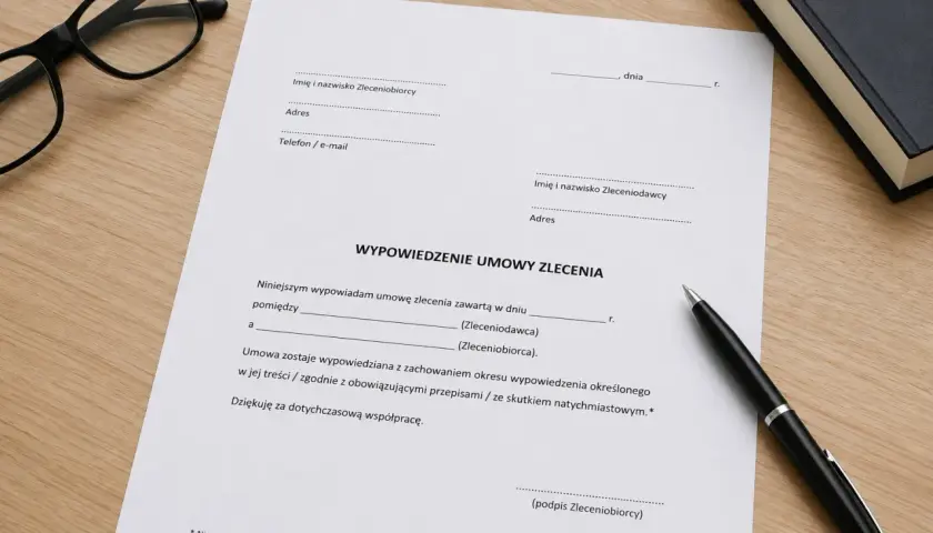 Dokument wypowiedzenia umowy zlecenia. Może to oznaczać karę za zerwanie umowy zlecenie, jeśli nie przestrzegano warunków.