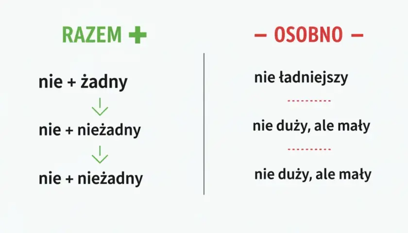 Grafika z podziałem na "RAZEM" i "OSOBNO", pokazująca przykłady pisowni "nie" z przymiotnikami.