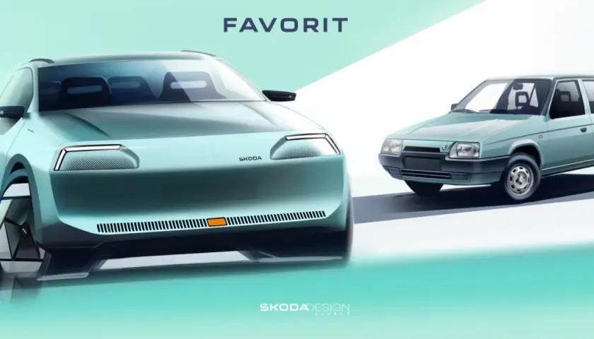 Nowoczesna wizja Škoda Favorit obok klasycznego modelu. Futurystyczny design spotyka legendę.