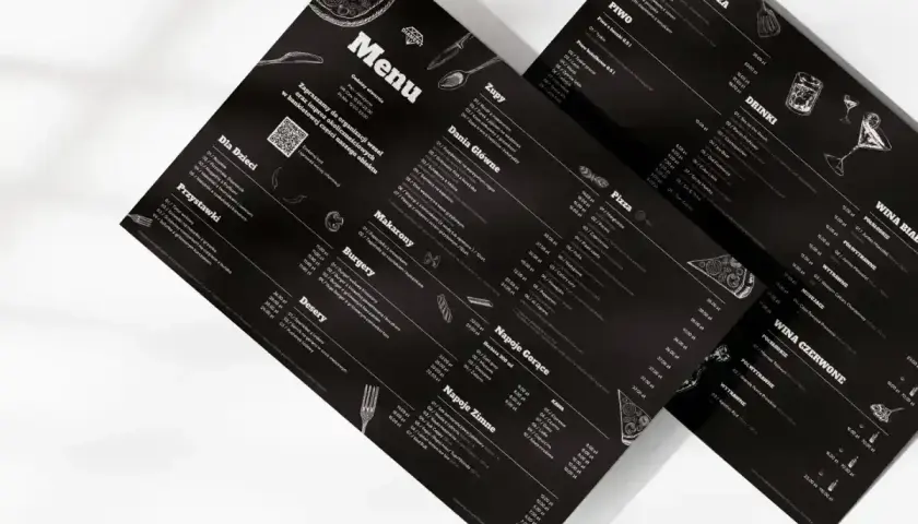 Menu w stylu a la carte, czarne tło, białe litery. Widoczne sekcje: Zupy, Dania Główne, Pizza, Makaron, Burgery, Desery, Napoje Gorące i Zimne, Piwo, Drink, Wina.