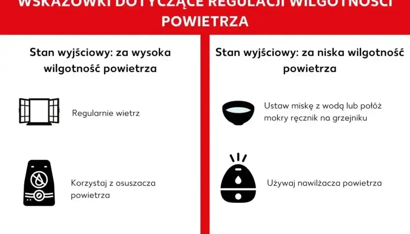 Jak zwiekszyc wilgotnosc w domu? Gdy powietrze jest za suche, postaw miskę z wodą lub mokry ręcznik na grzejniku, albo użyj nawilżacza.