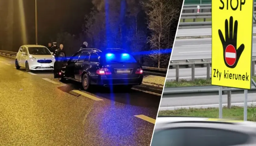 Na drodze ekspresowej zatrzymano kierowcę, który próbował zawrócić. Znak "STOP zły kierunek" ostrzega przed niebezpieczeństwem.