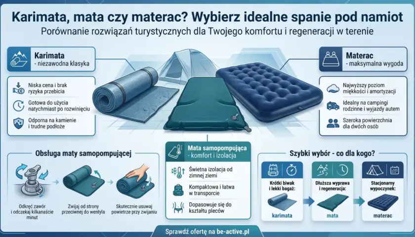 Jak działa mata samopompująca: odkręć zawór, poczekaj, zwiń. Idealna na dłuższą wyprawę i regenerację.