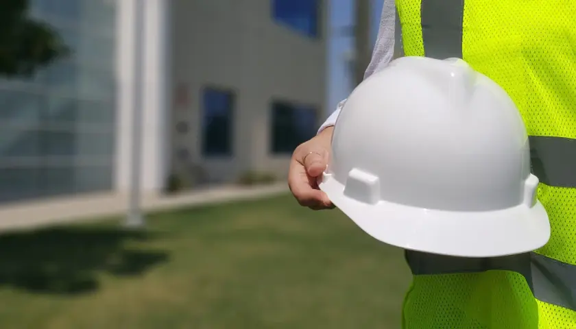 Biały kask budowlany w dłoni, obok jaskrawożółtej kamizelki. Różne kolory kasków na budowie to symbol bezpieczeństwa.