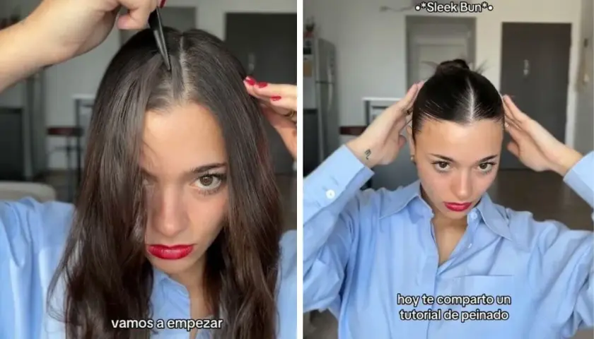 Tutorial de peinado para un look pulido y elegante. La joven se divide el cabello y luego lo recoge en un moño perfecto.