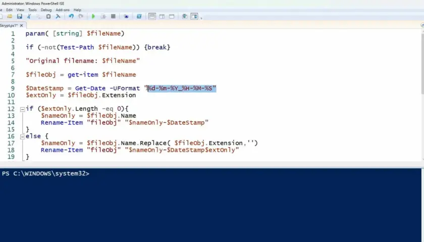 Fragment kodu PowerShell z kursu, który dodaje datę do nazwy pliku.