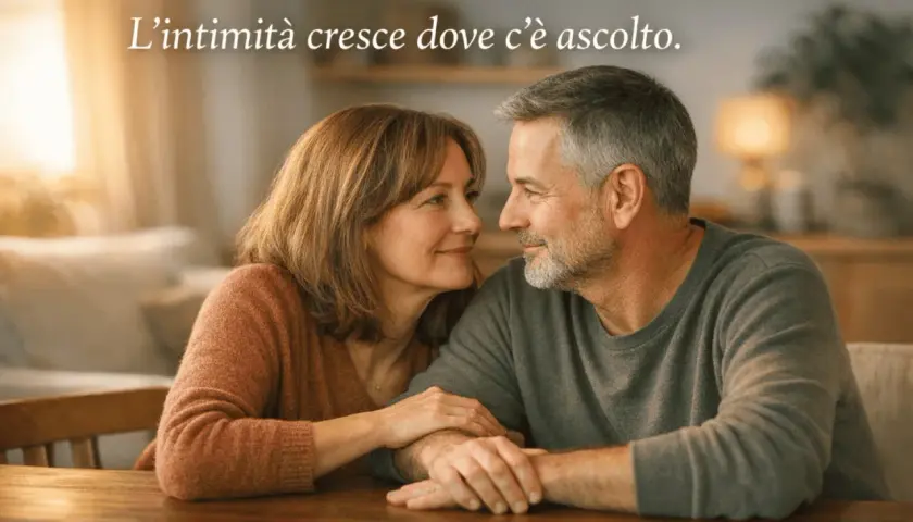 Coppia matura si guarda con affetto, le mani intrecciate. L'intimità cresce dove c'è ascolto, fondamentale per fare l'amore.