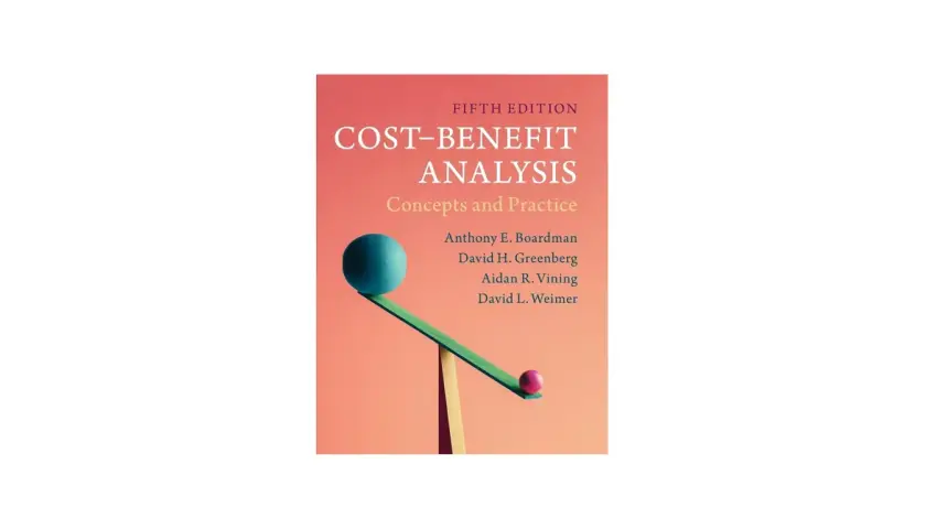 Book cover for "Cost-Benefit Analysis: Concepts and Practice," featuring a balance scale with a large blue ball and a small pink ball, illustrating the steps of cost benefit analysis.