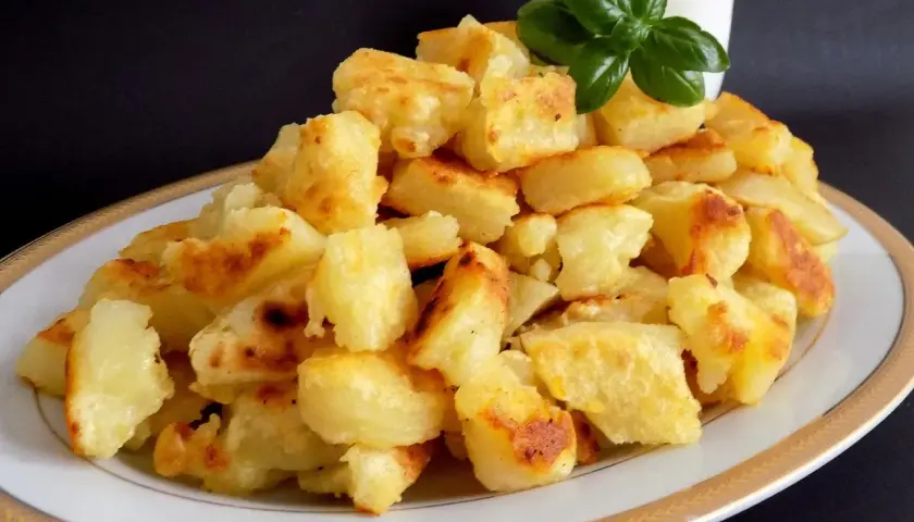 Usmażone ziemniaki na talerzu, obok szklanka mleka i listek bazylii.