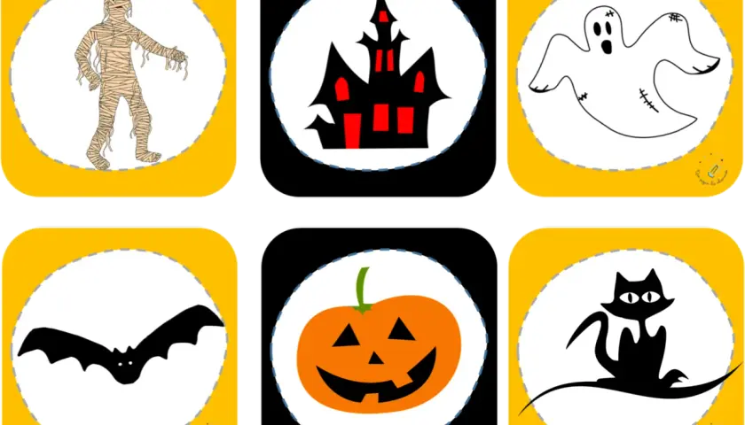 Imágenes de banderines de Halloween para imprimir: momia, casa embrujada, fantasma, murciélago, calabaza y gato negro.
