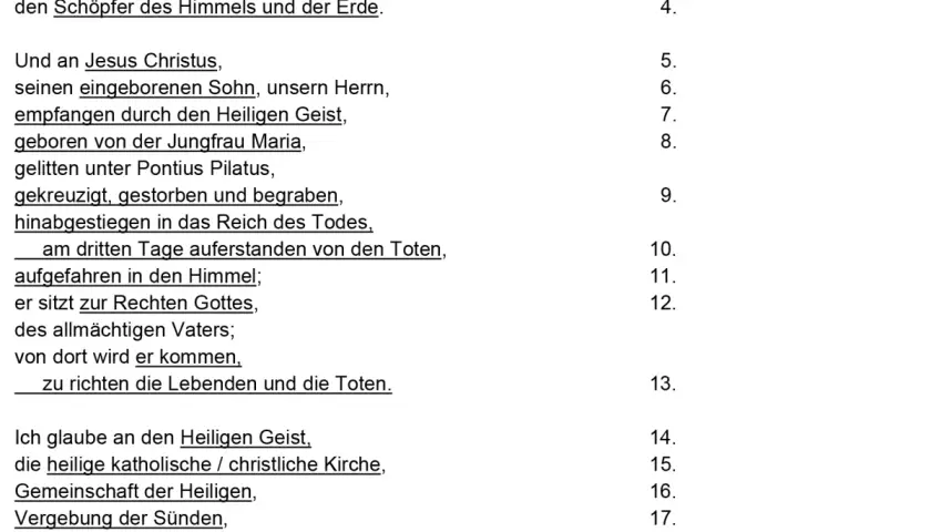 Text des Glaubensbekenntnisses evangelisch: Ich glaube an Gott, den Vater, den Allmächtigen, den Schöpfer des Himmels und der Erde. Und an Jesus Christus, seinen eingeborenen Sohn, unsern Herrn.