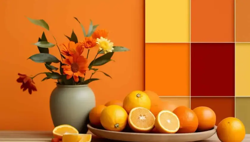 Ein Strauß orangefarbener Blumen und frische Orangen auf einem Holztisch. Die Farben rot und gelb mischen sich in einem abstrakten Hintergrund aus Farbquadraten.