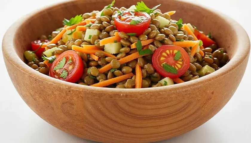 Deliciosa ensalada de lentejas original con tomates cherry, zanahoria rallada y perejil, servida en un cuenco de madera.