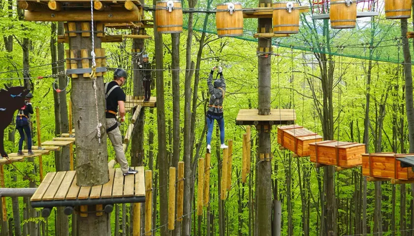Park linowy w lesie, pełen drewnianych platform i przeszkód. Wśród zieleni widać ludzi pokonujących trasy, szukających wrażeń i **równica atrakcje**.