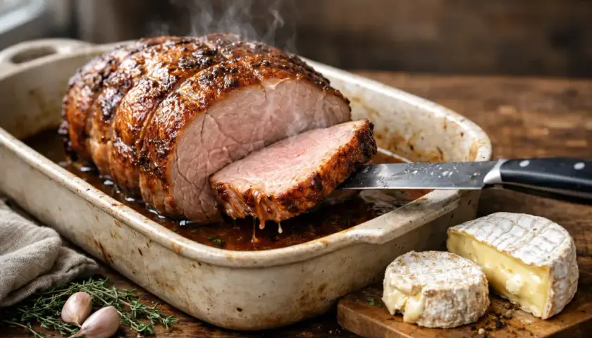 Une cote de veau rôtie et juteuse, tranchée et servie dans un plat, avec du fromage coulant et des herbes fraîches.