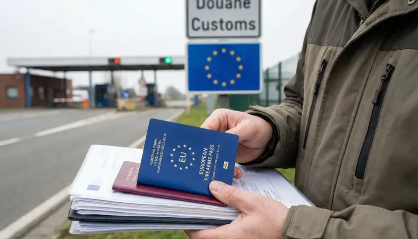 Mężczyzna trzyma stos dokumentów, w tym europejską kartę broni, na tle granicy celnej UE.