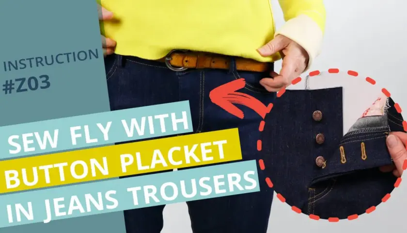 Instructional image showing how to sew a button placket fly in jeans trousers. Close-up shows three buttons and buttonholes.